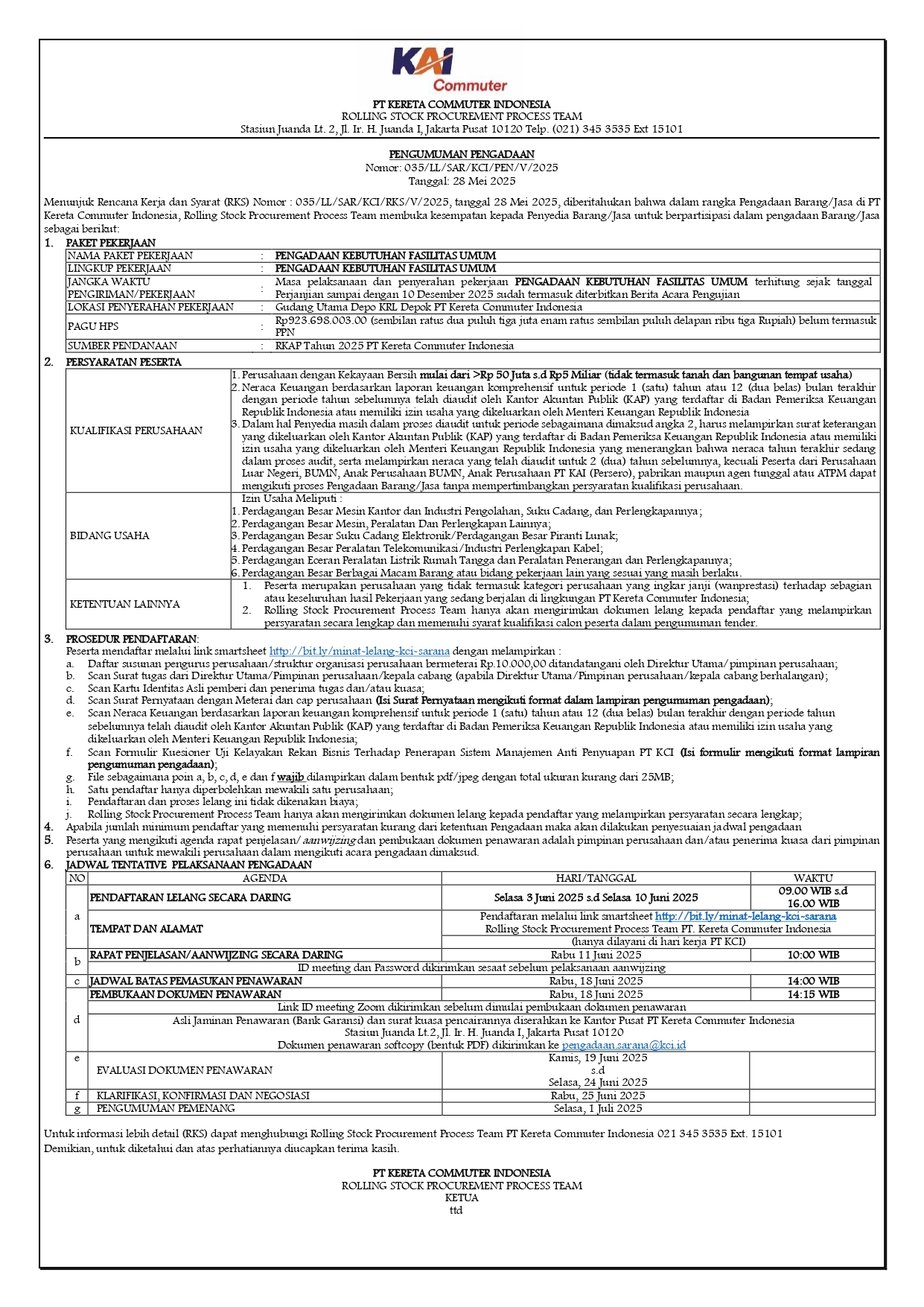 035 pengumuman pengadaan kebutuhan fasilitas umum
